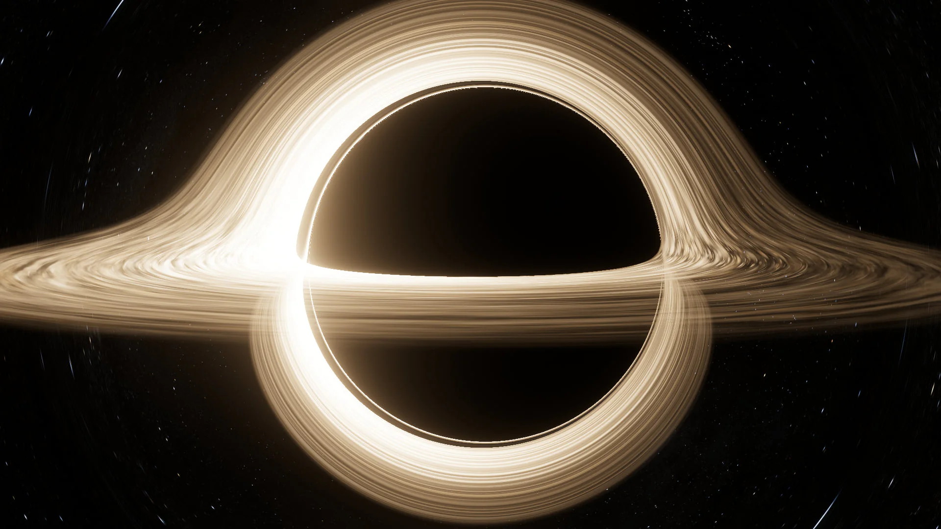 Ray-traced spinning black hole, its glowing accretion disc bent over and under the shadow