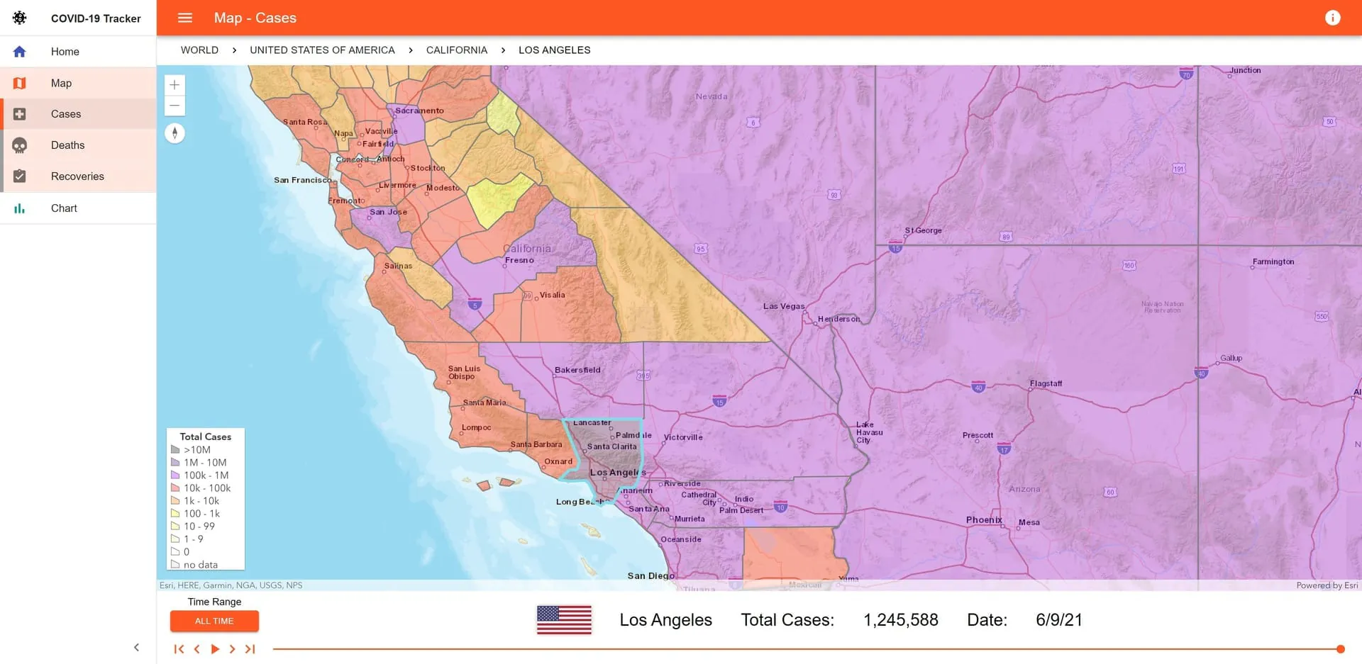 COVID-19 Tracker map of total cases by county in California