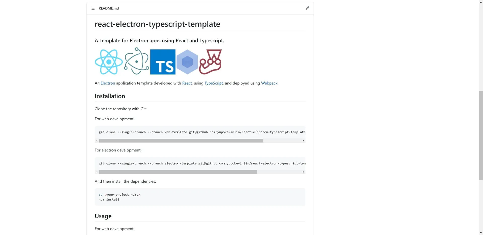 React Electron TypeScript template README on GitHub