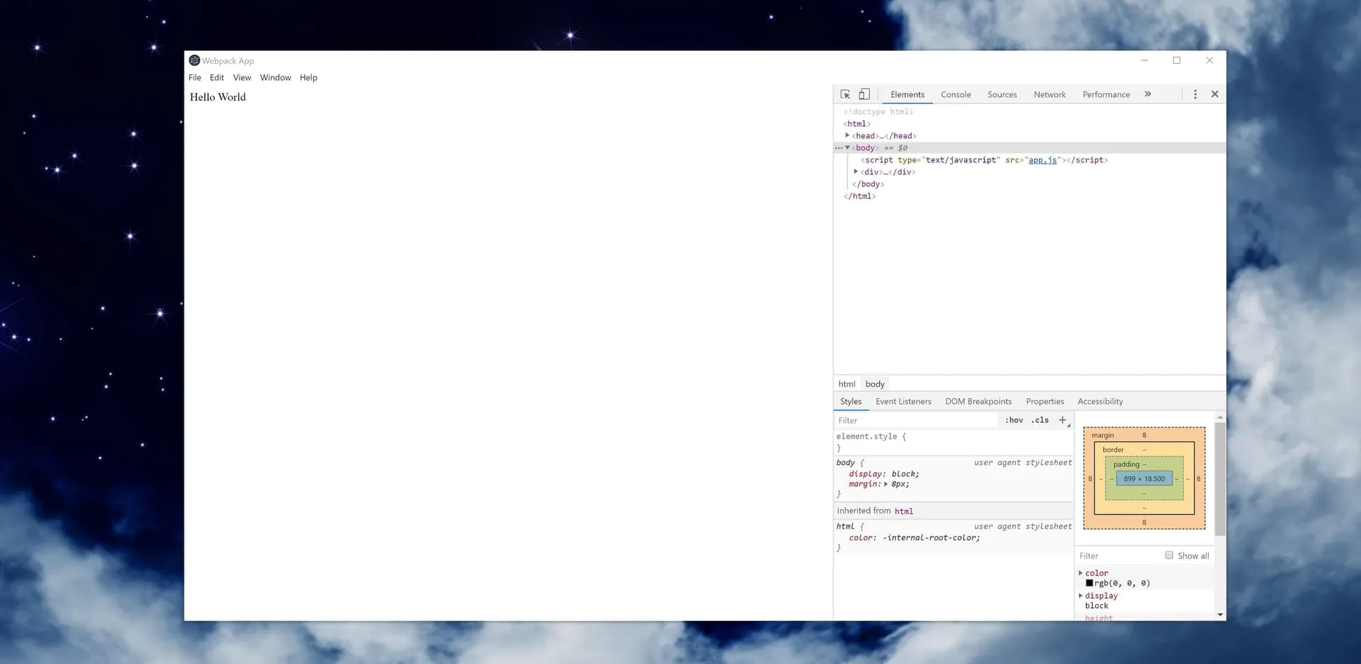 Electron app built from the template, running with developer tools open